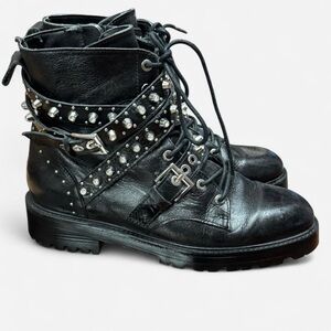 Zara Black Leather Studded Combat Boots